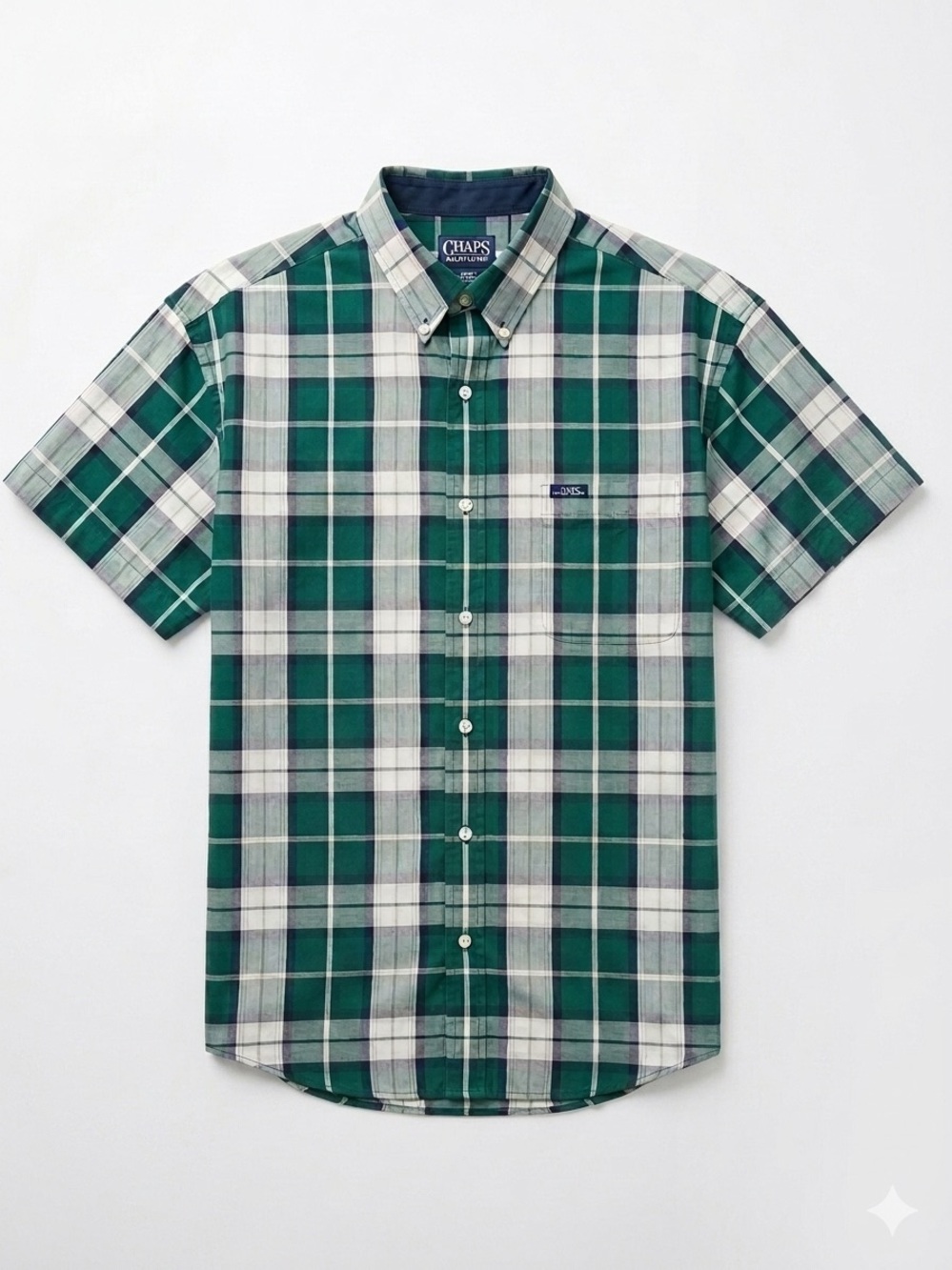 Chaps Easy Care Mens XL Green Tartan Plaid Button Up Short Sleeve Casual Shirt